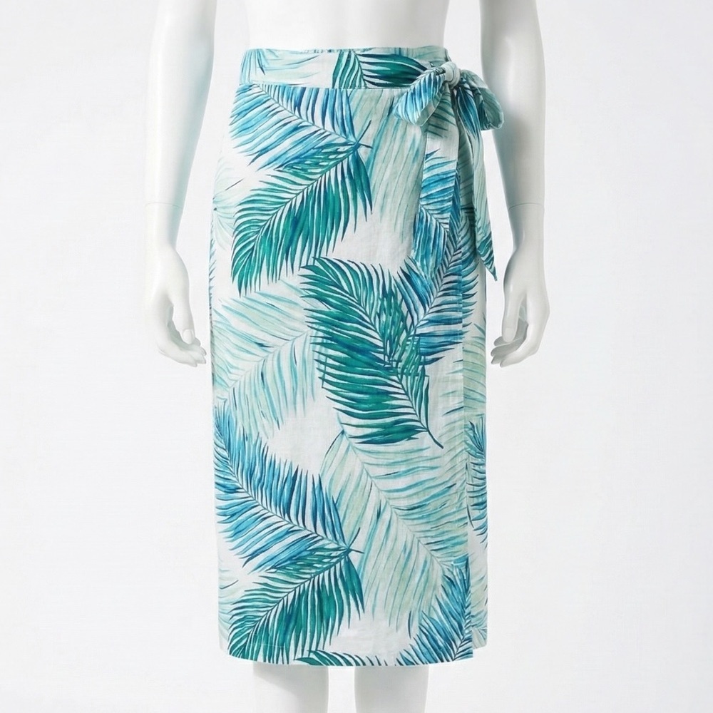 Tahari 100% Linen Tropical Palm Leaf Print Wrap Midi Skirt Green White Size Med